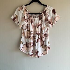 Knox Rose Pink Floral blouse Ruffle arm hem Size Small